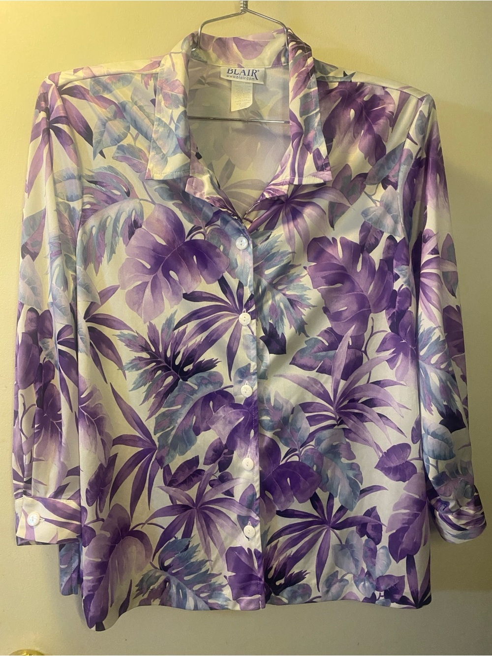 Blair Lavender Tropical-Leaf Button Front Blouse